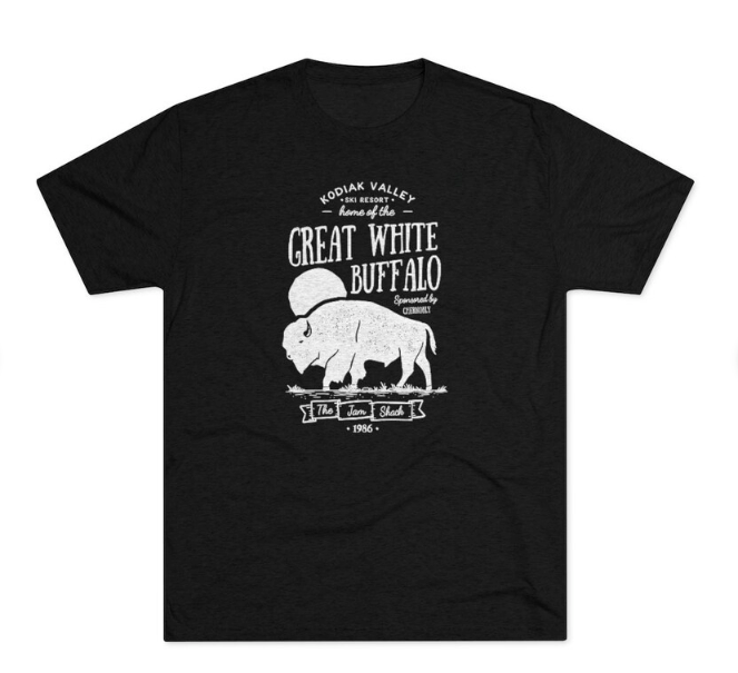 a black t - shirt with an image of a buffalo and the words great white