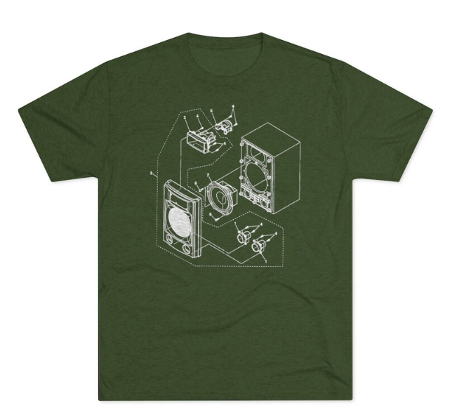 a green t - shirt with a drawing of a camera