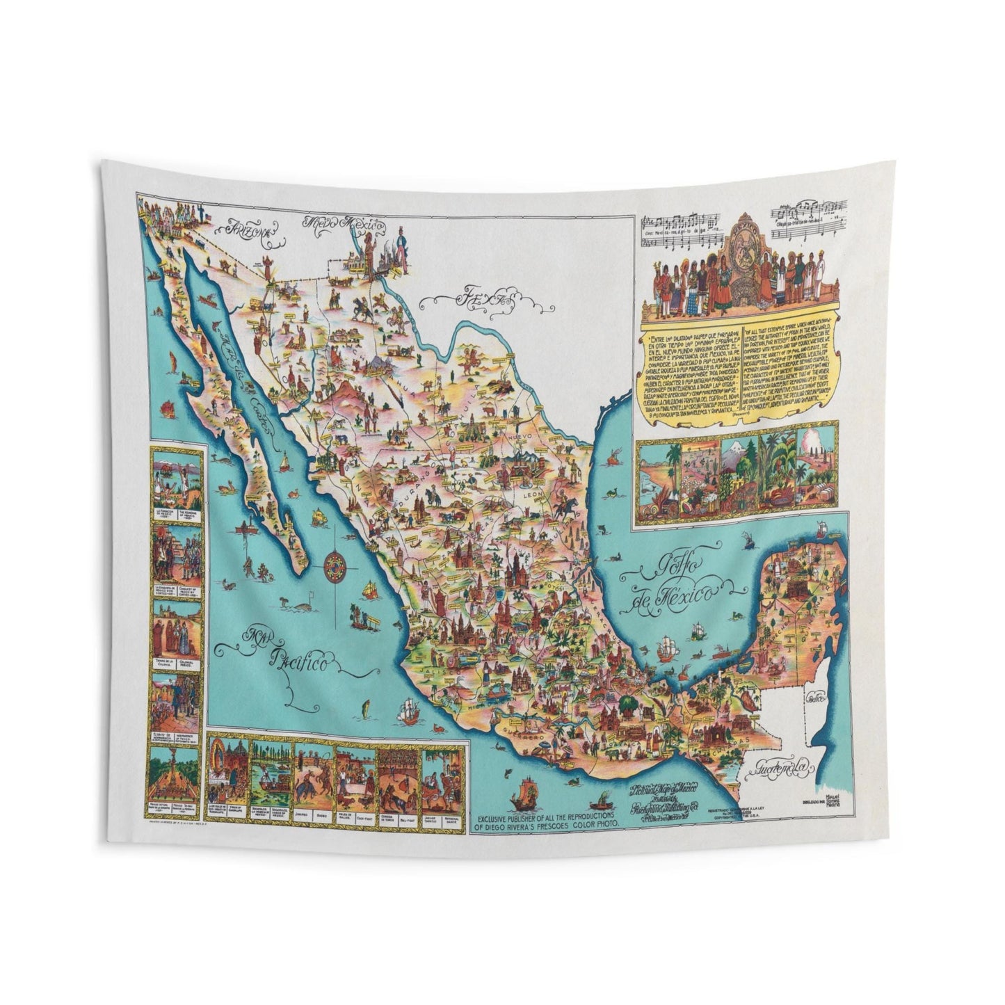 Vintage Mexico Map Tapestry Wall Hanging