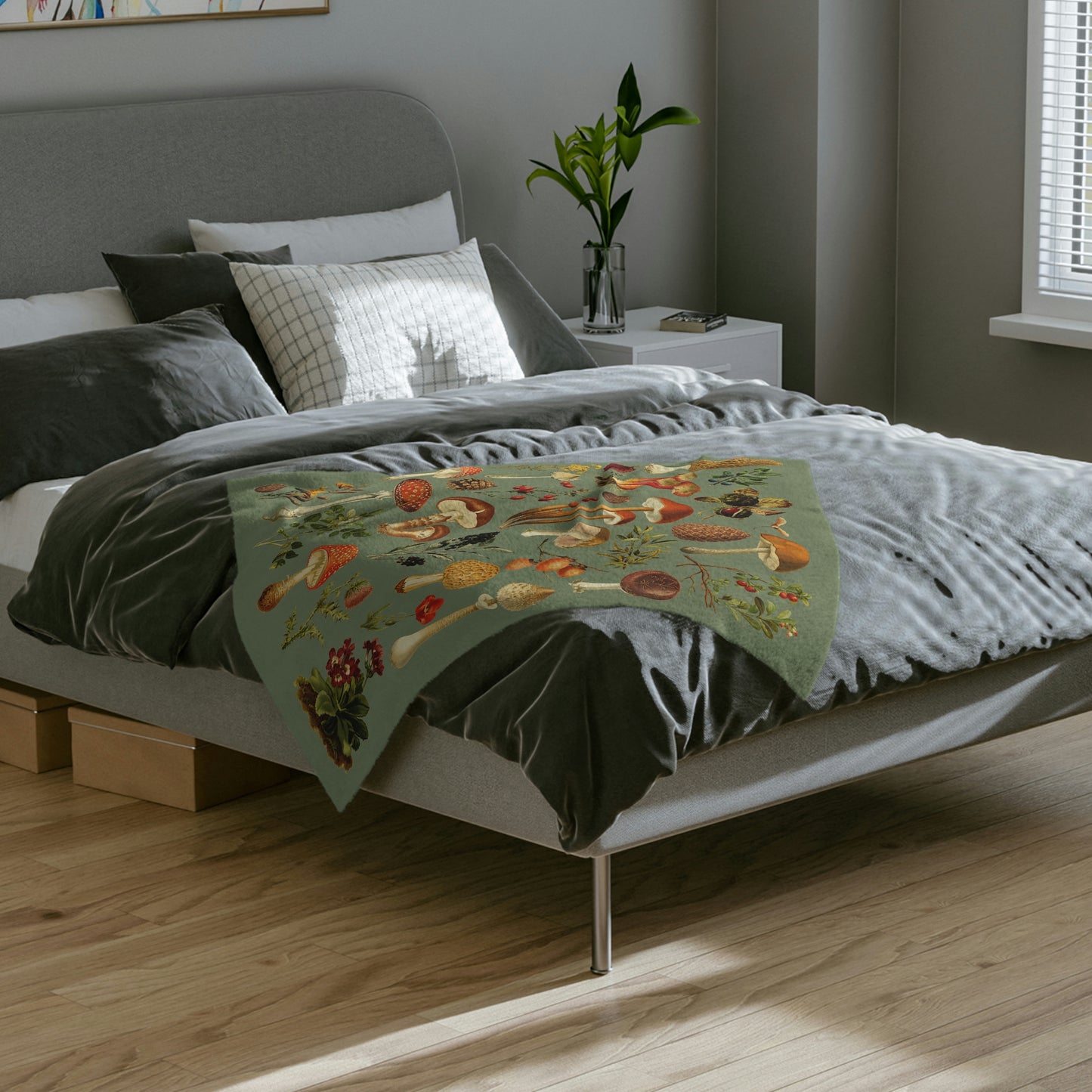 Sage Green Vintage Mushroom Velveteen Blanket