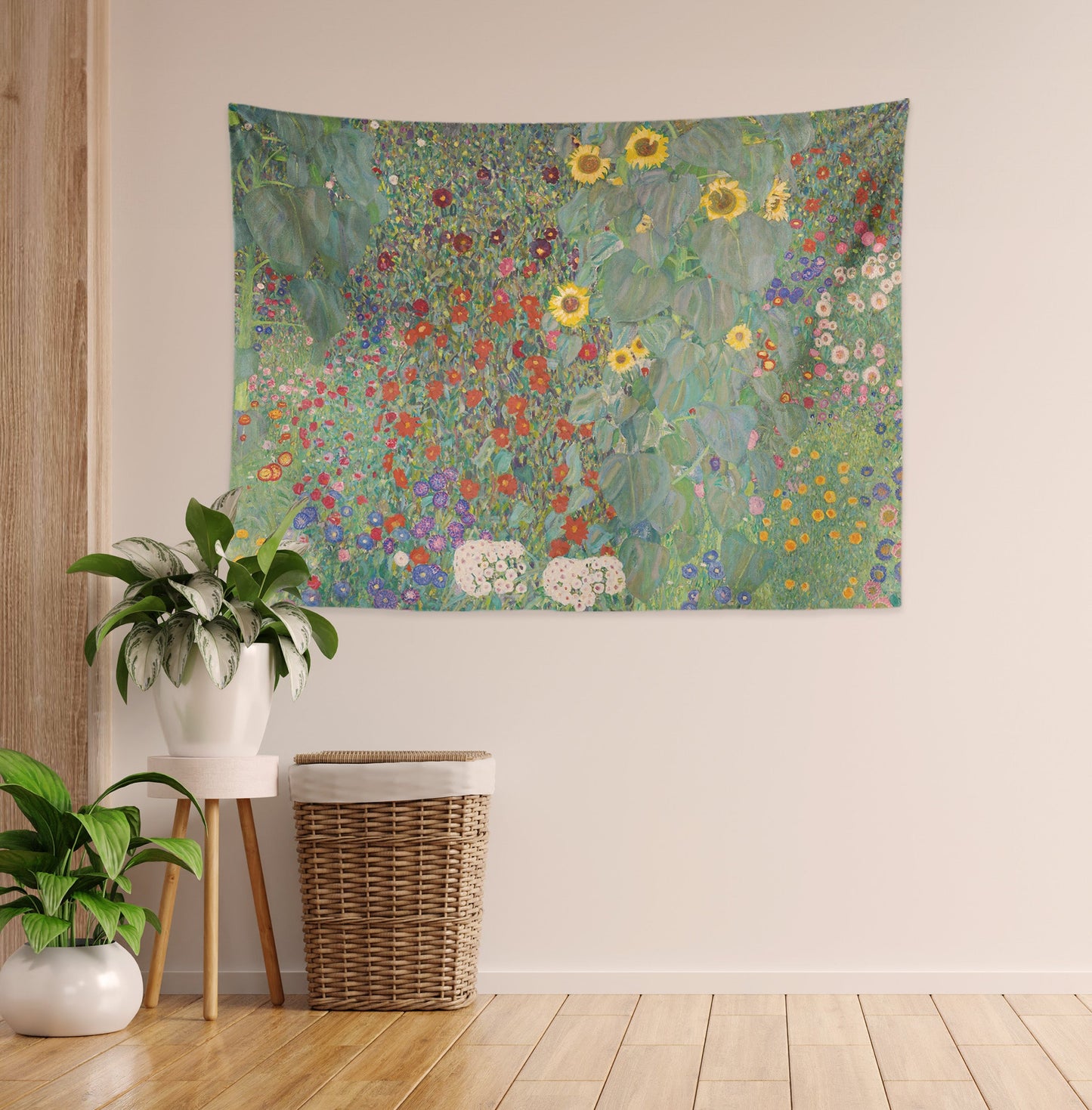 a painting of a field of flowers on a wall