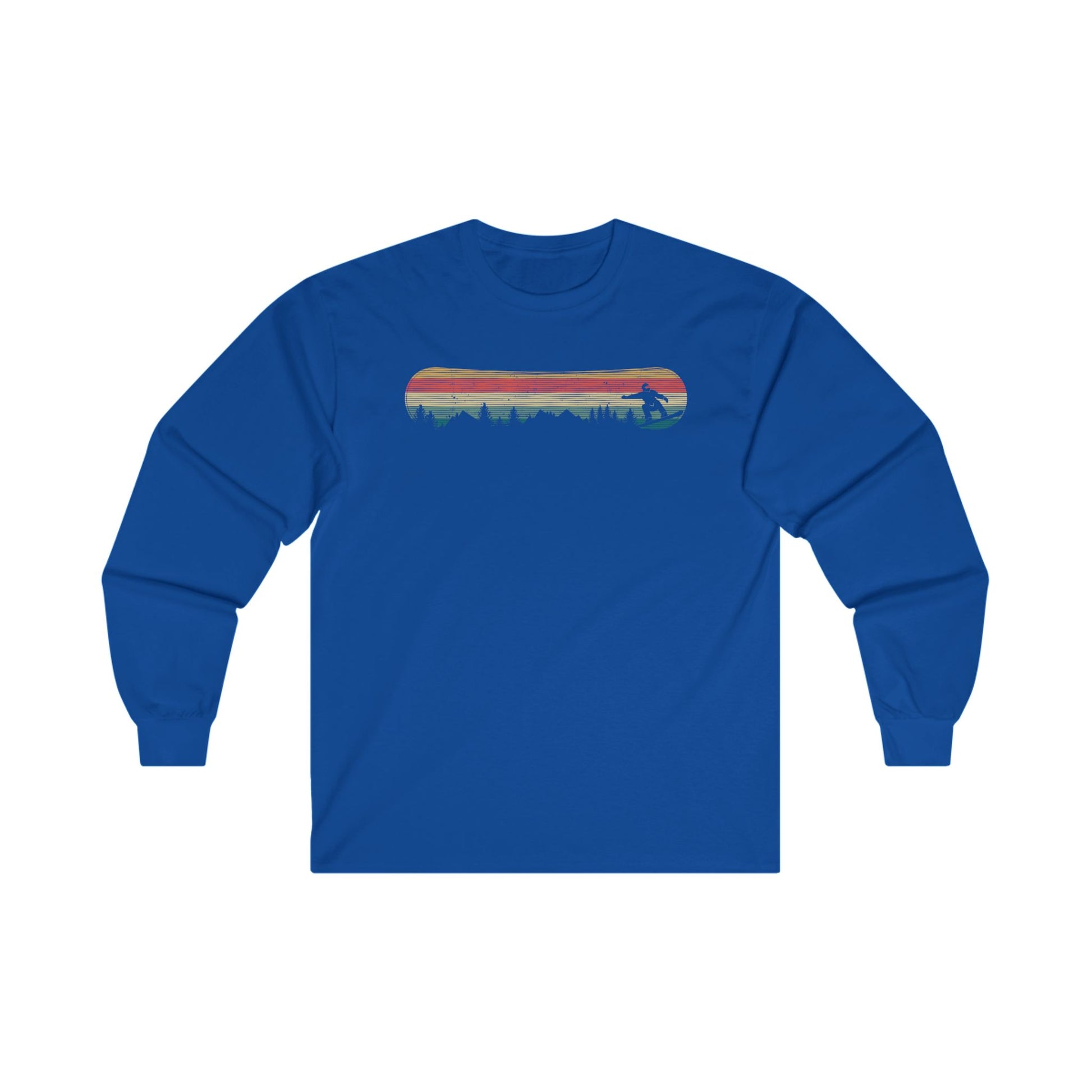 a blue long - sleeved shirt with a picture of a surfboard on it