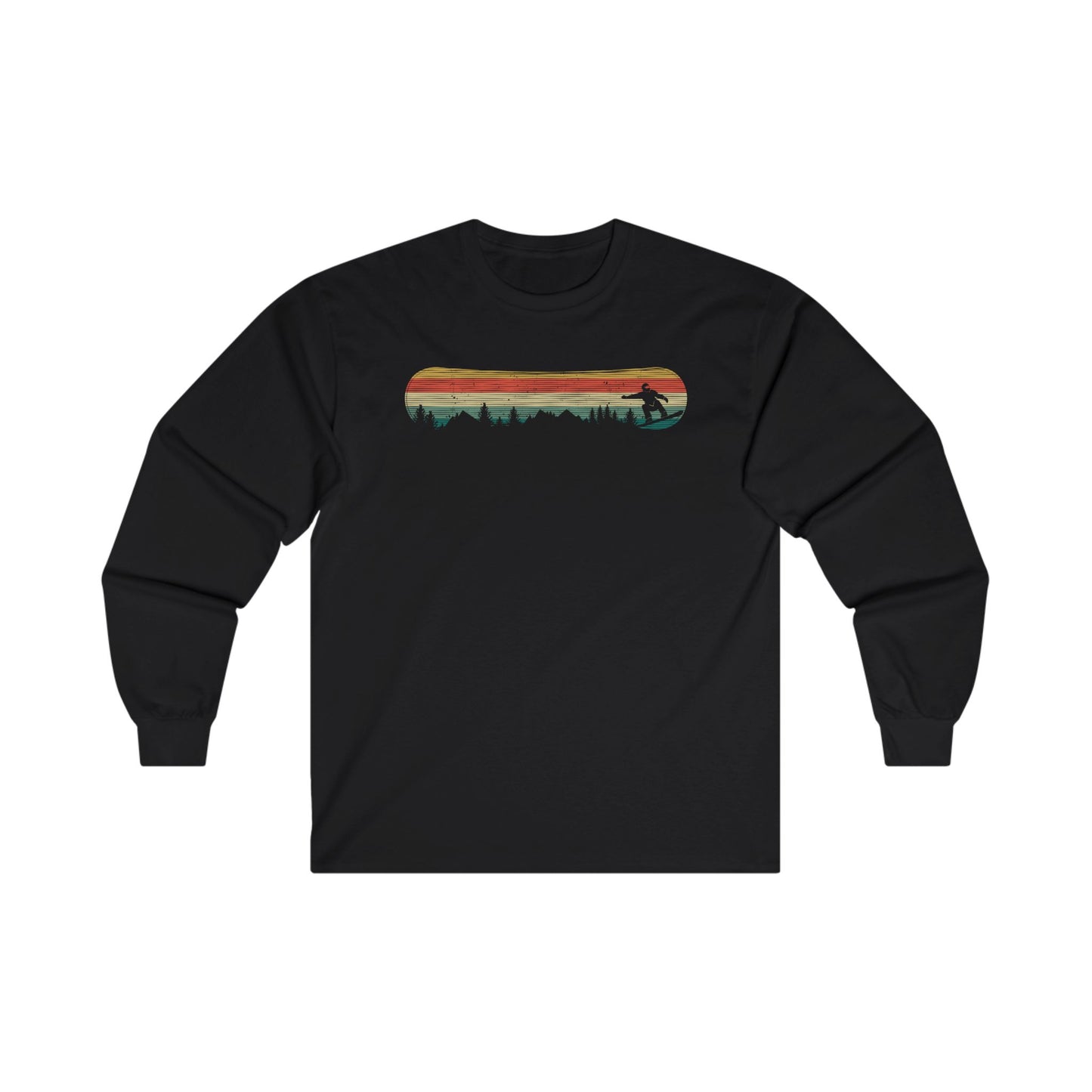 a black long - sleeved shirt with an image of a sunset