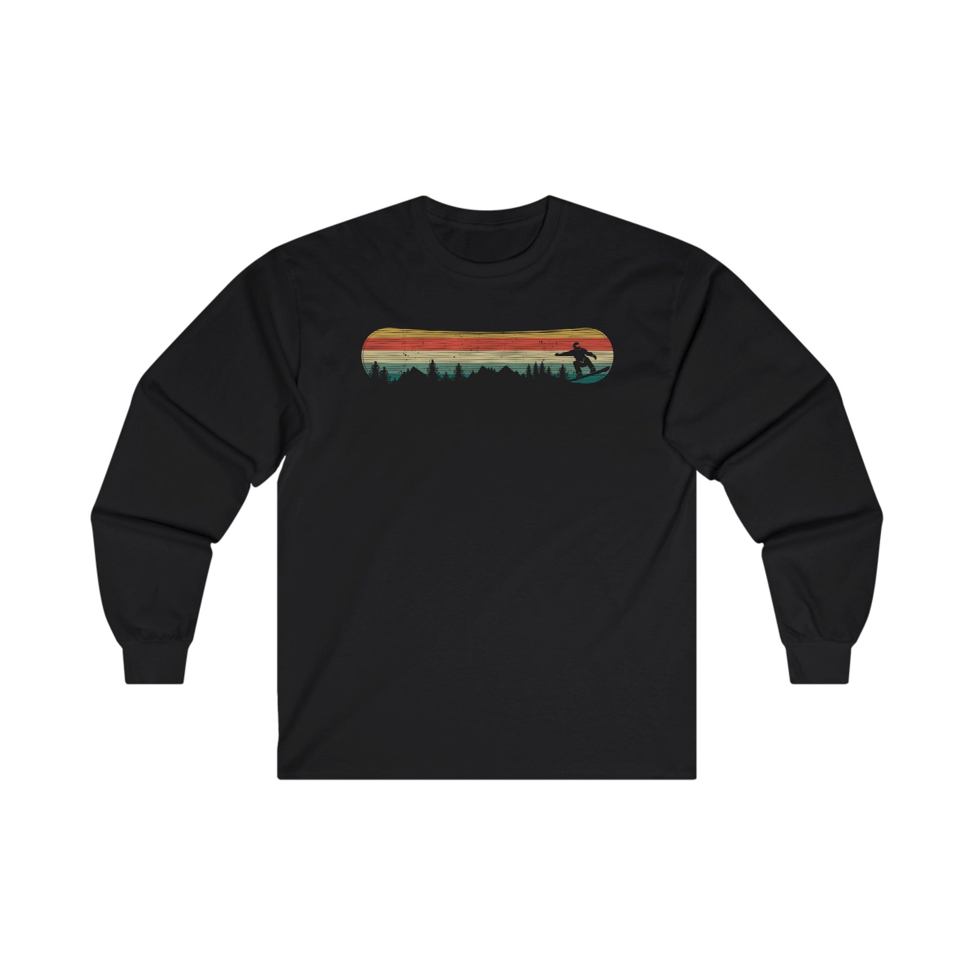 a black long - sleeved shirt with an image of a sunset