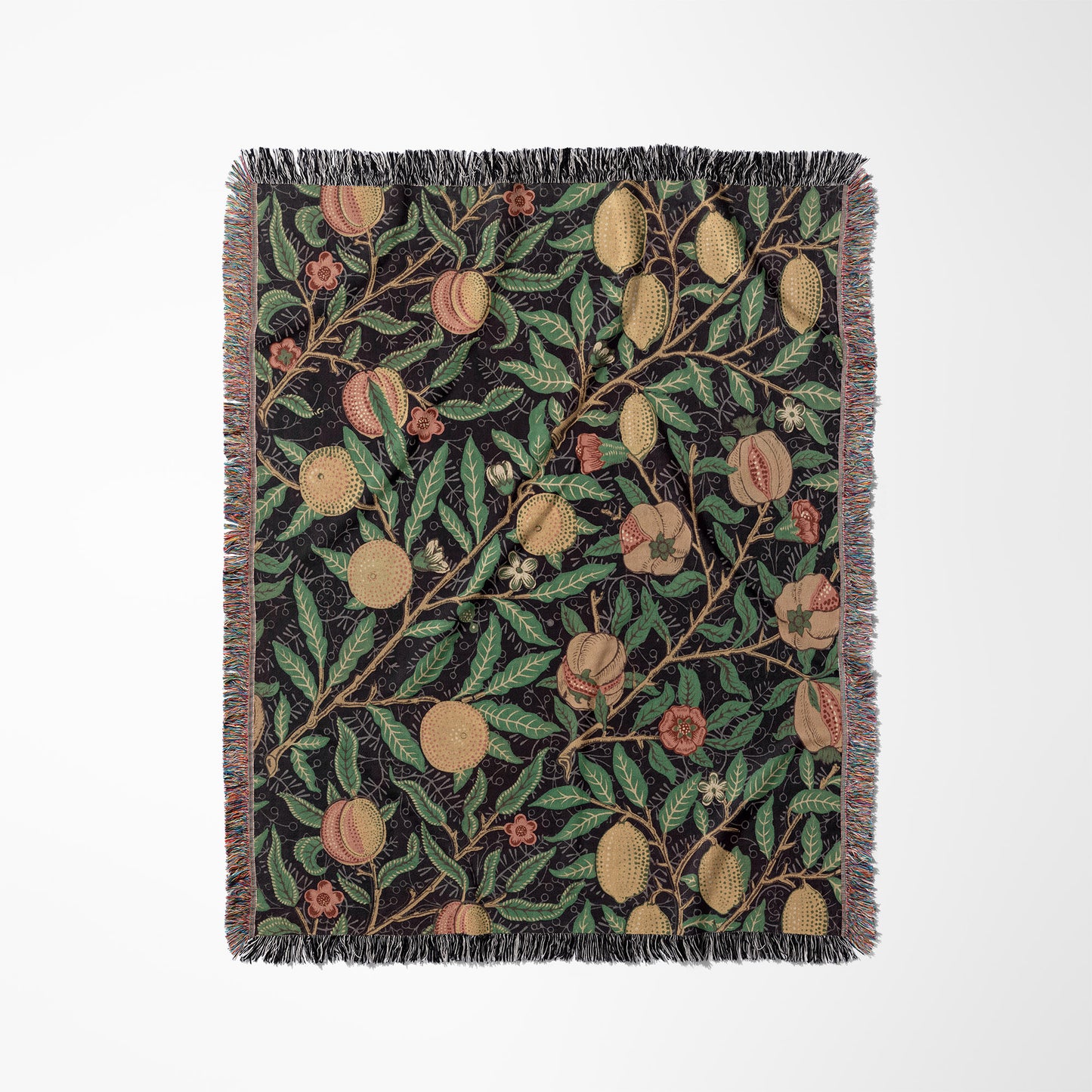 a square scarf with fruit and leaves on a white background