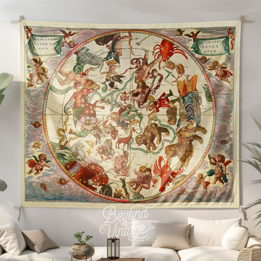 a tapestry hanging on the wall of a living room