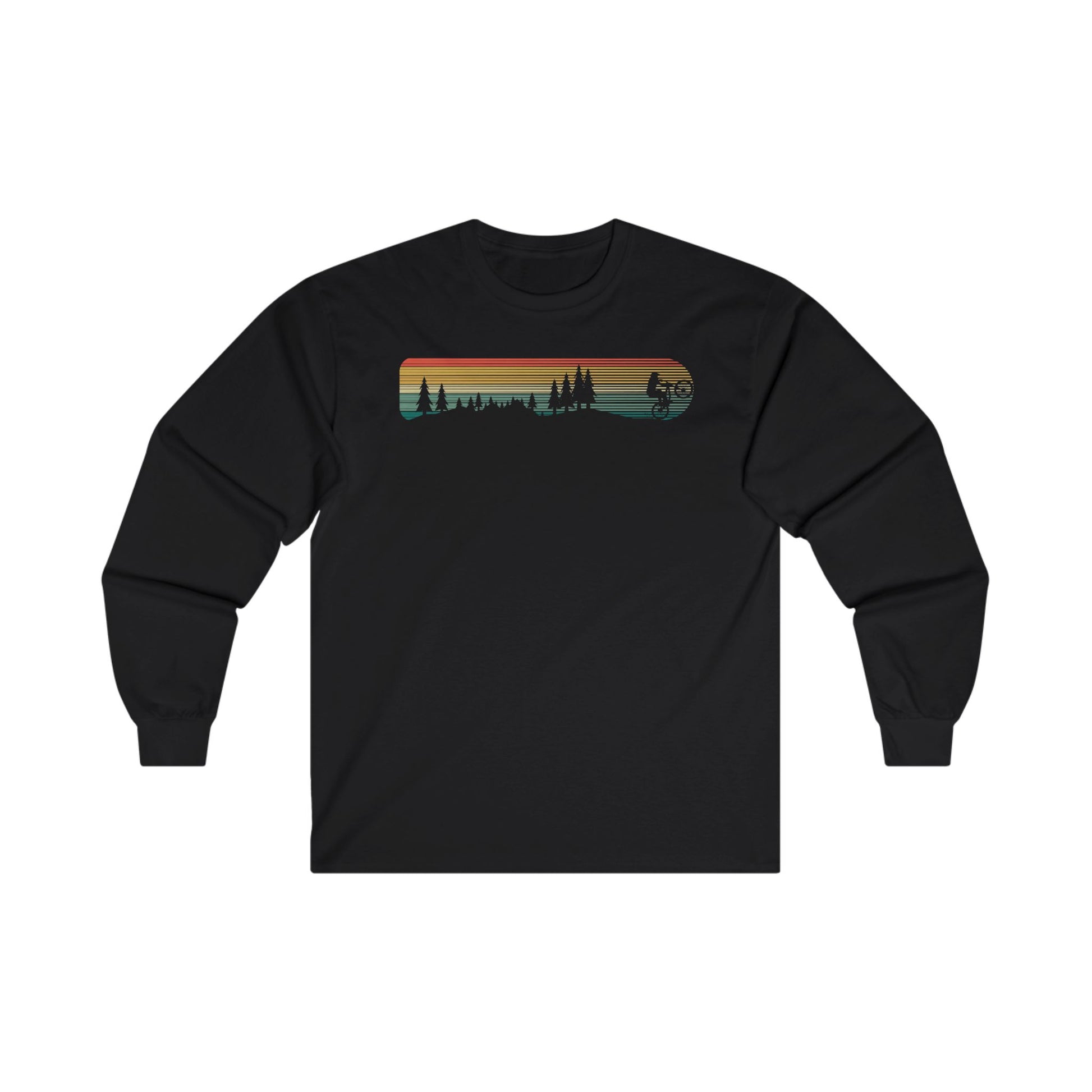 a black long - sleeved shirt with an image of a city skyline