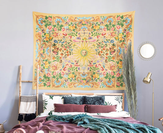 a bedroom with a tapestry hanging above the bed