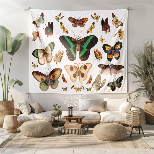 a living room filled with furniture and a large butterfly tapestry