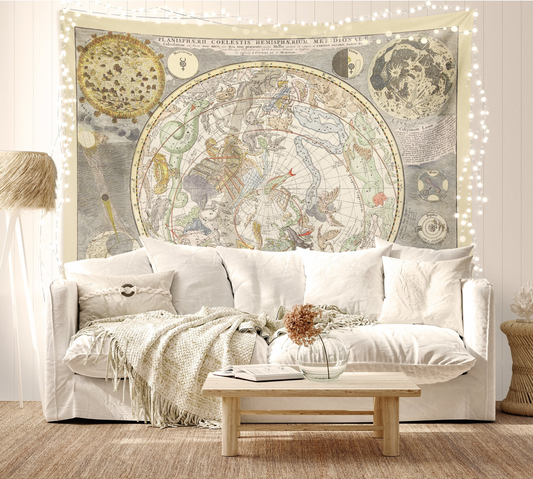 a living room with a large tapestry on the wall