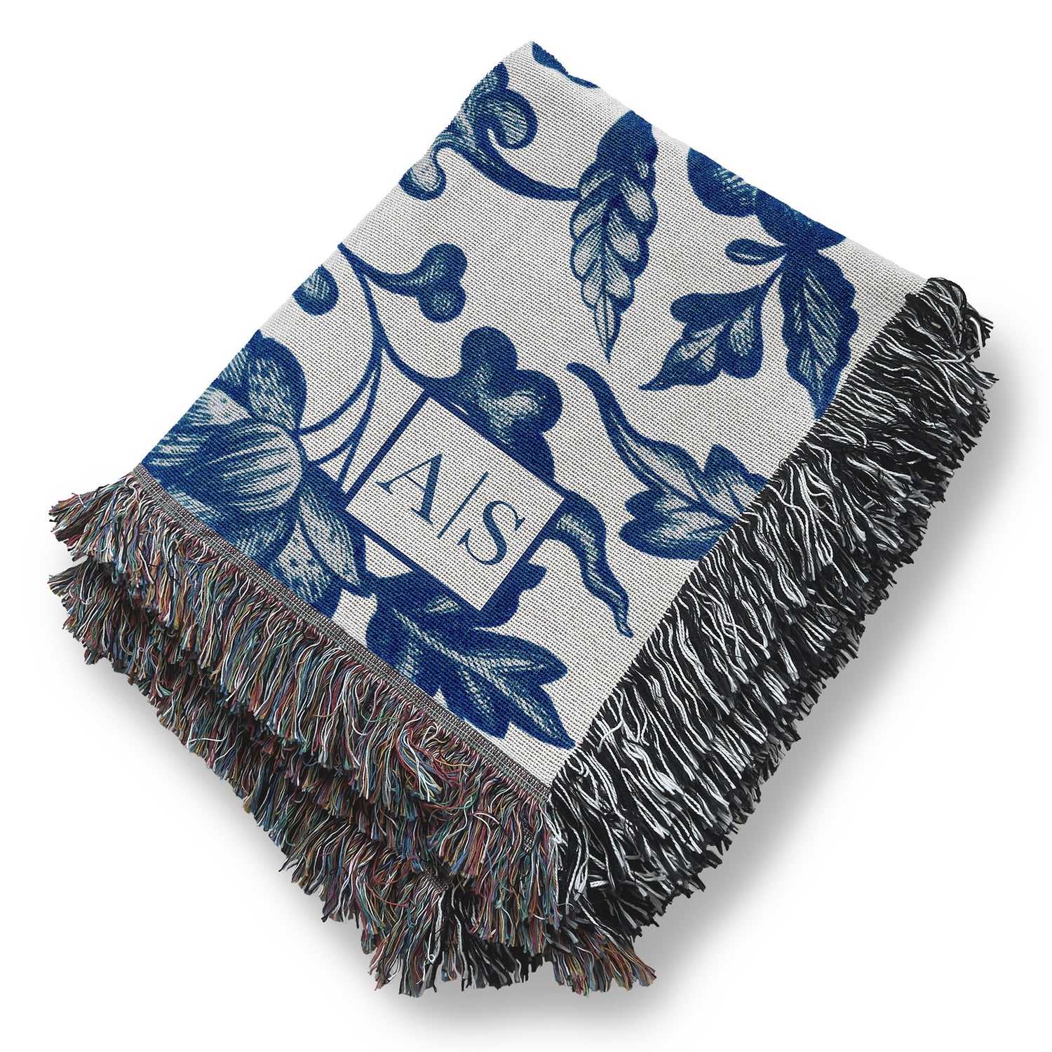 a blue and white scarf with a monogrammed design