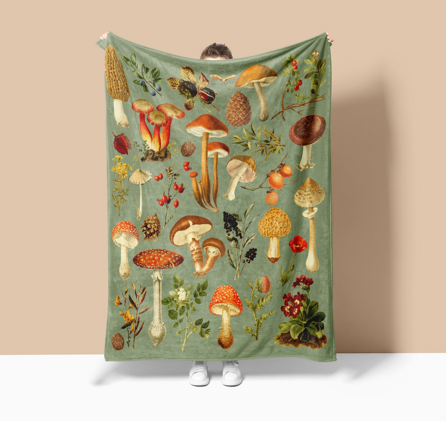 a tapestry of mushrooms on a green background