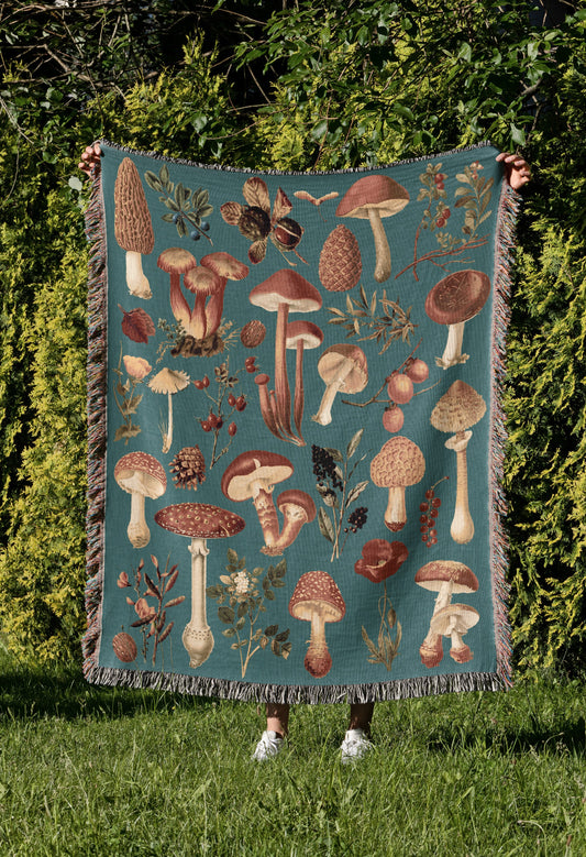 Green Woven Mushroom Throw Blanket