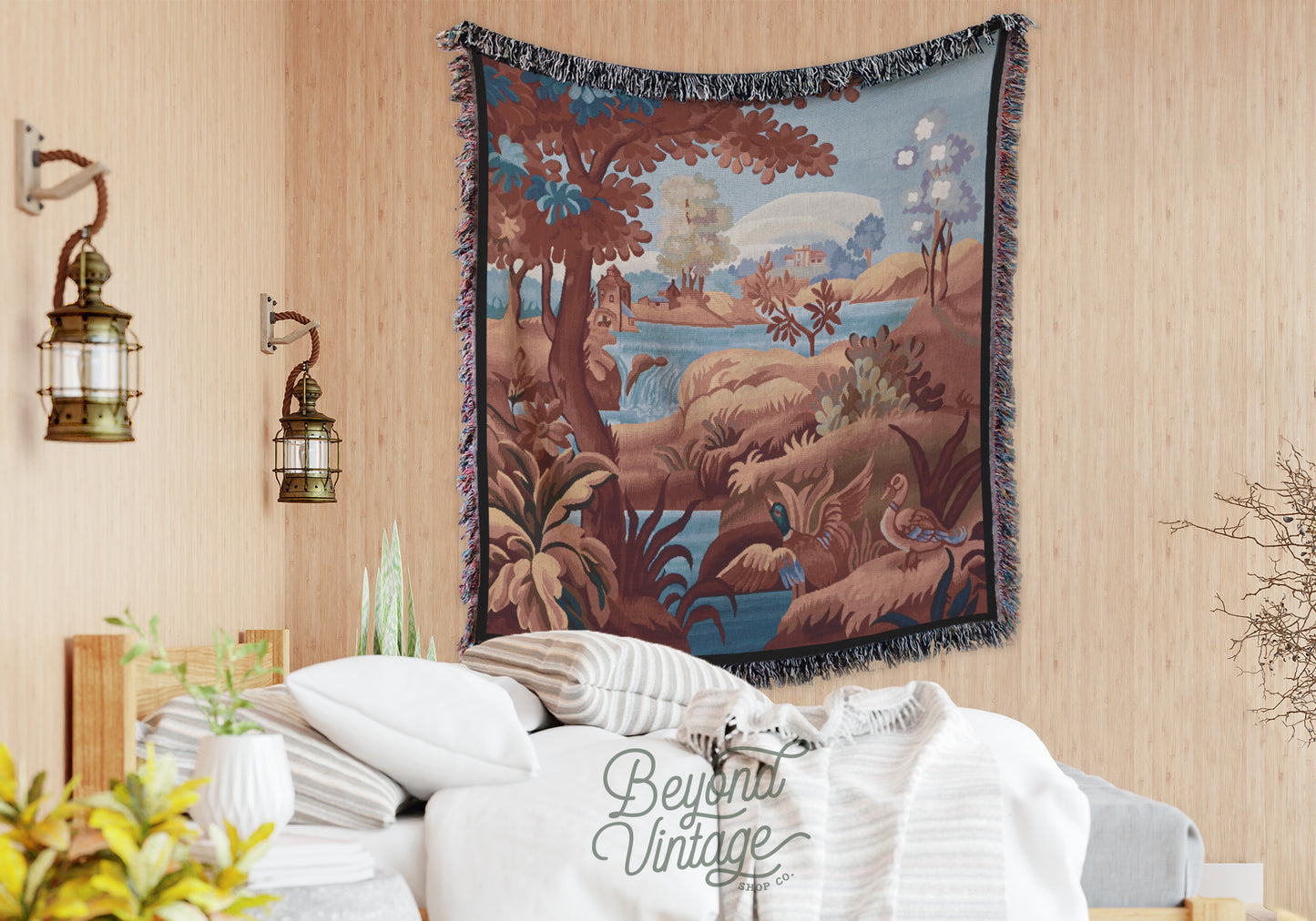 a tapestry hanging on the wall of a bedroom