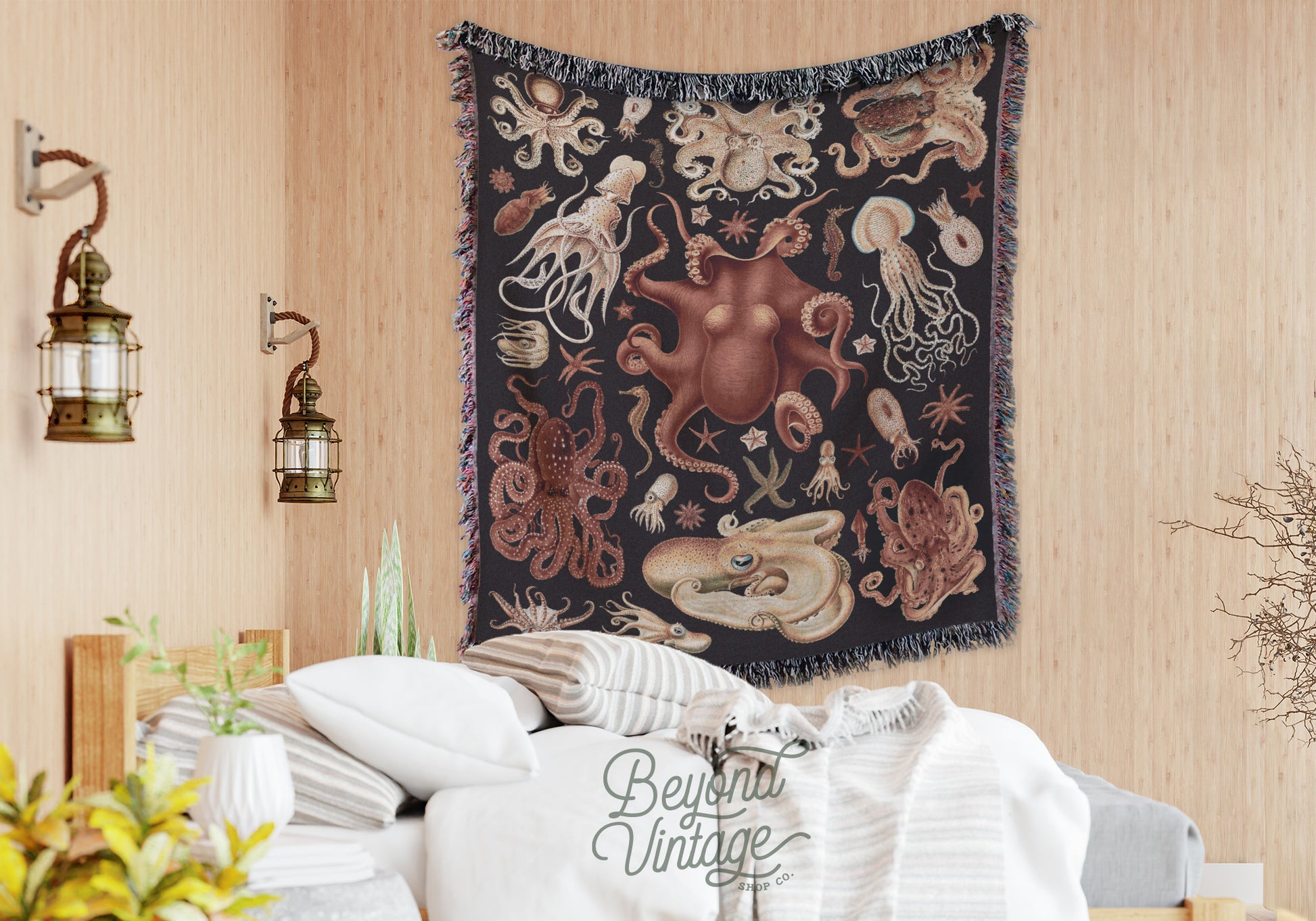 a tapestry hanging on the wall of a bedroom