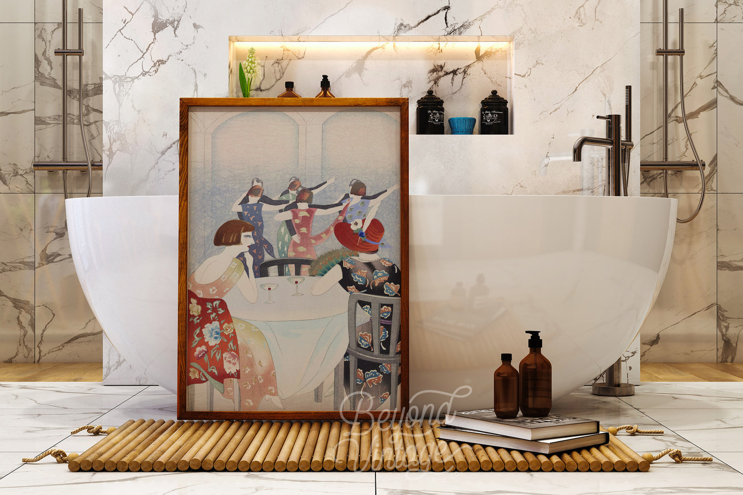 a bathroom with a sink and a painting on the wall