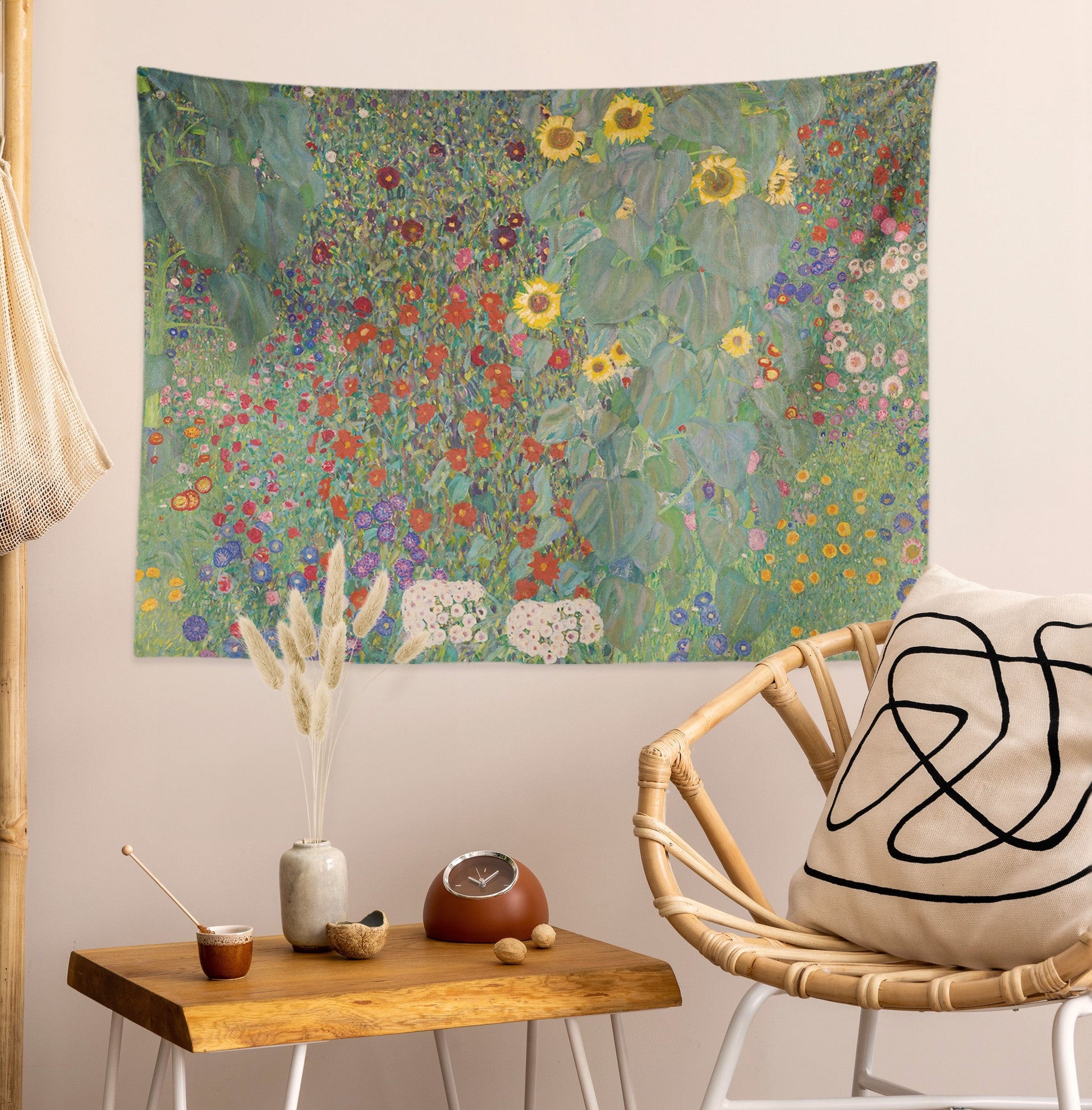 a room with a chair and a tapestry on the wall