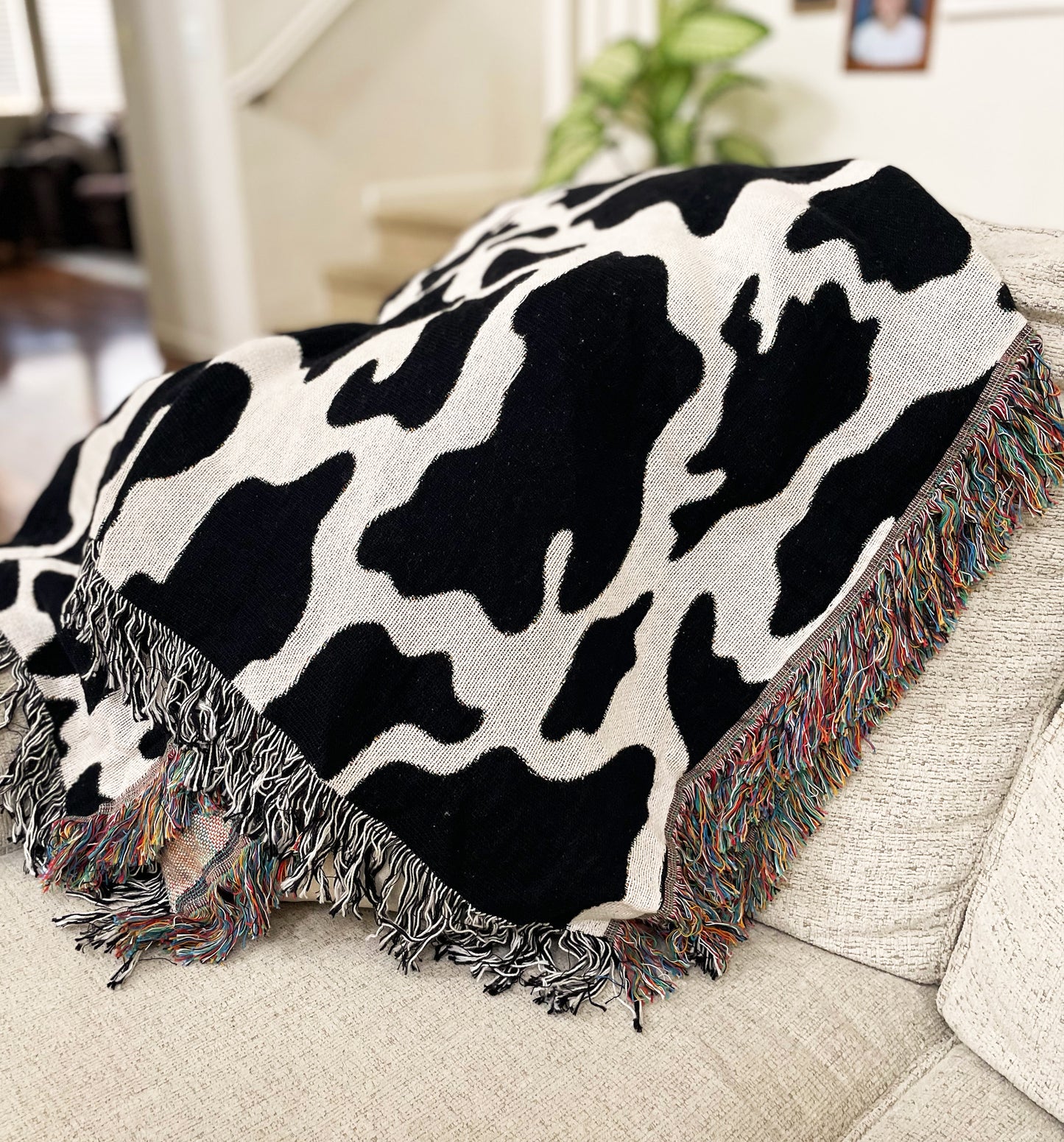 a black and white cow print blanket on a couch