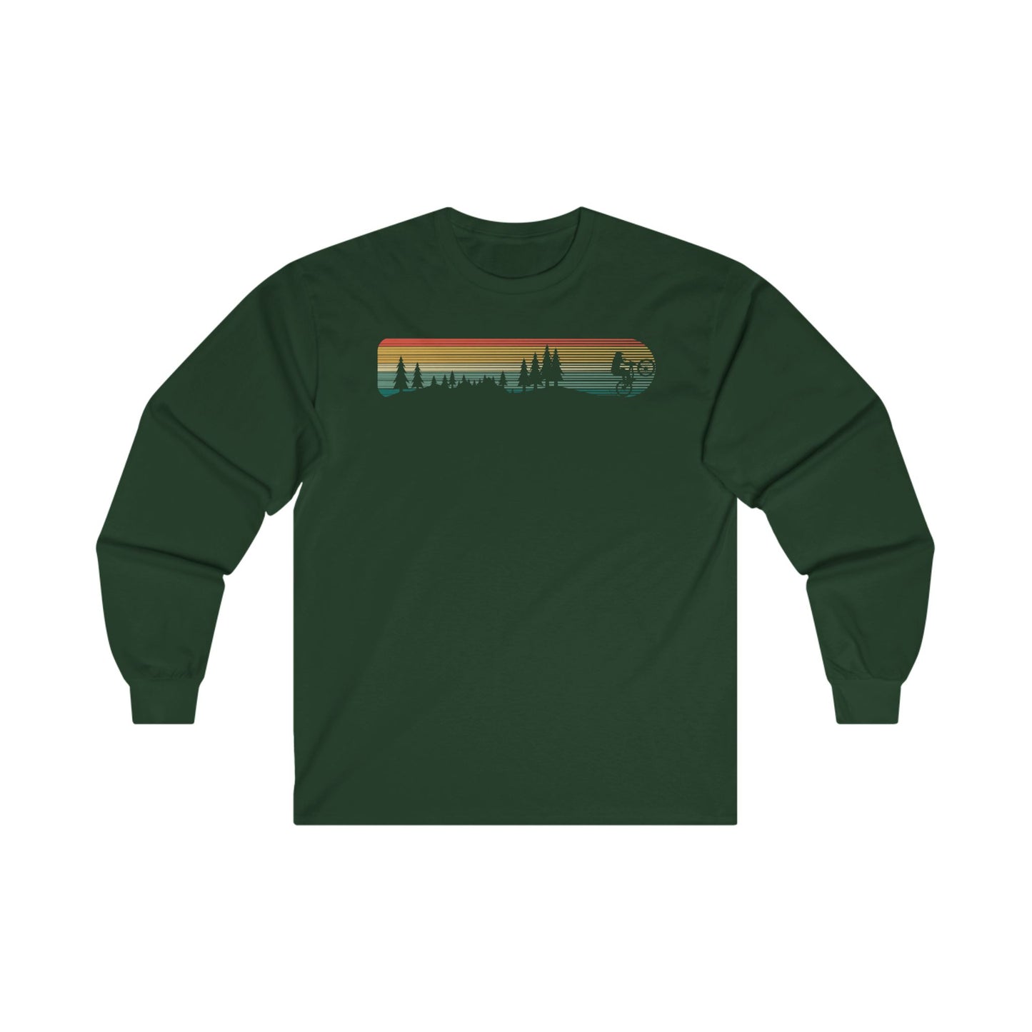 a green long sleeve shirt with a sunset view