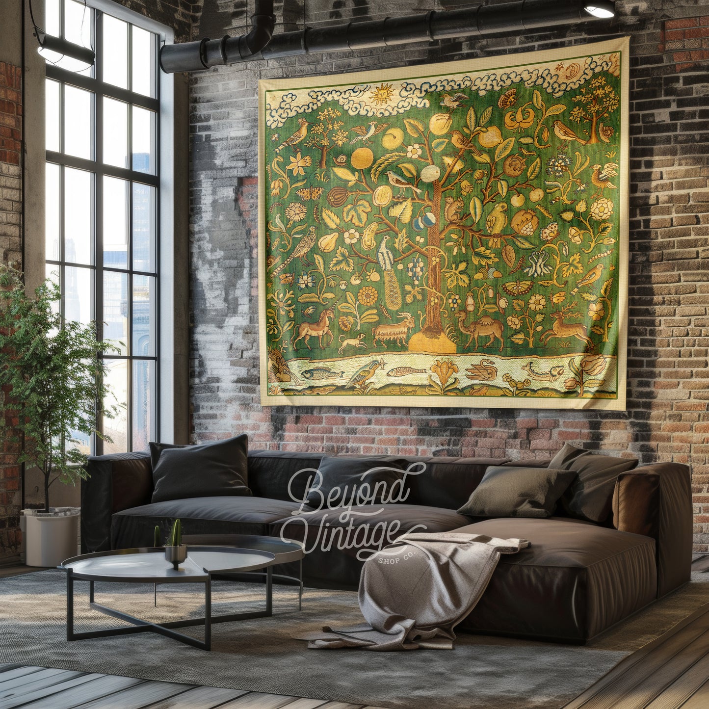 a living room with a large painting on the wall