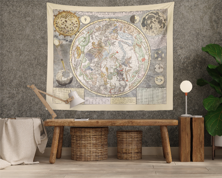 a wall hanging with a map on it