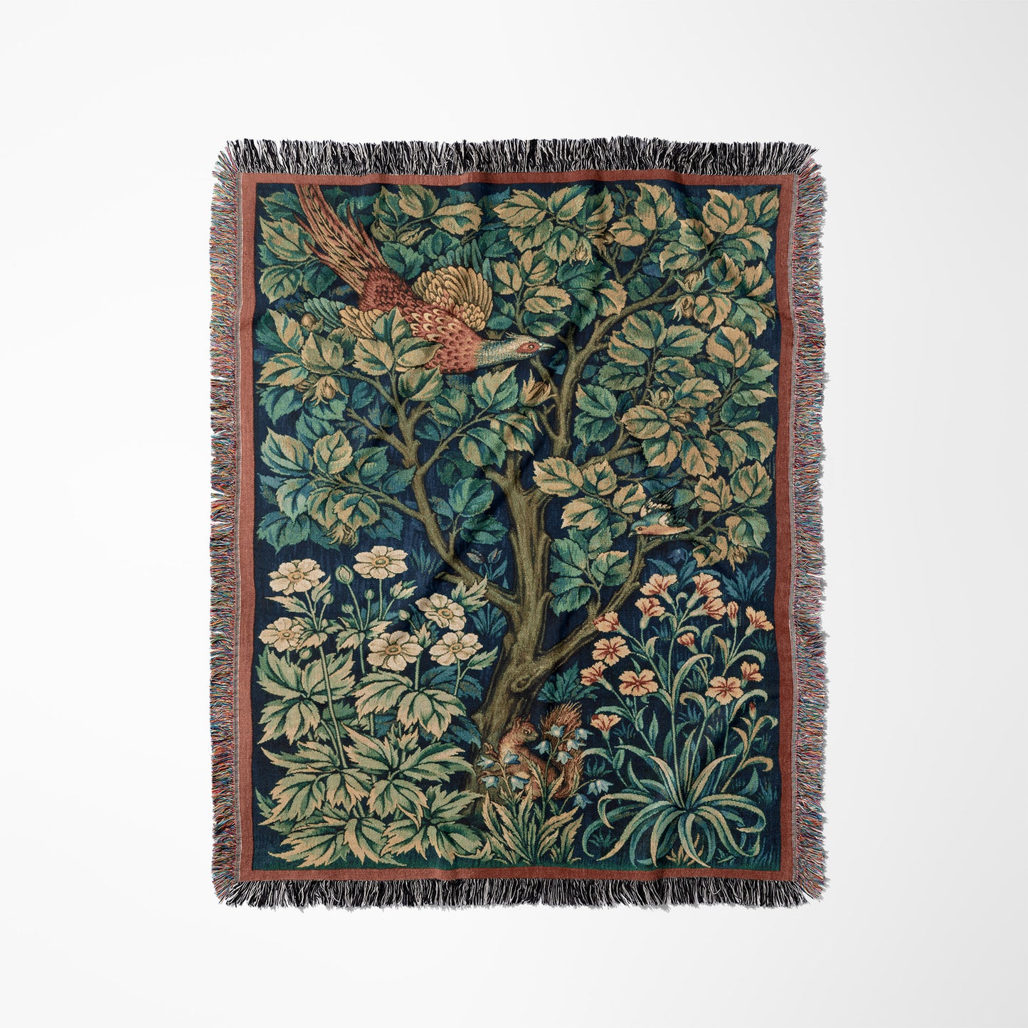 a tapestry of a tree with birds and flowers