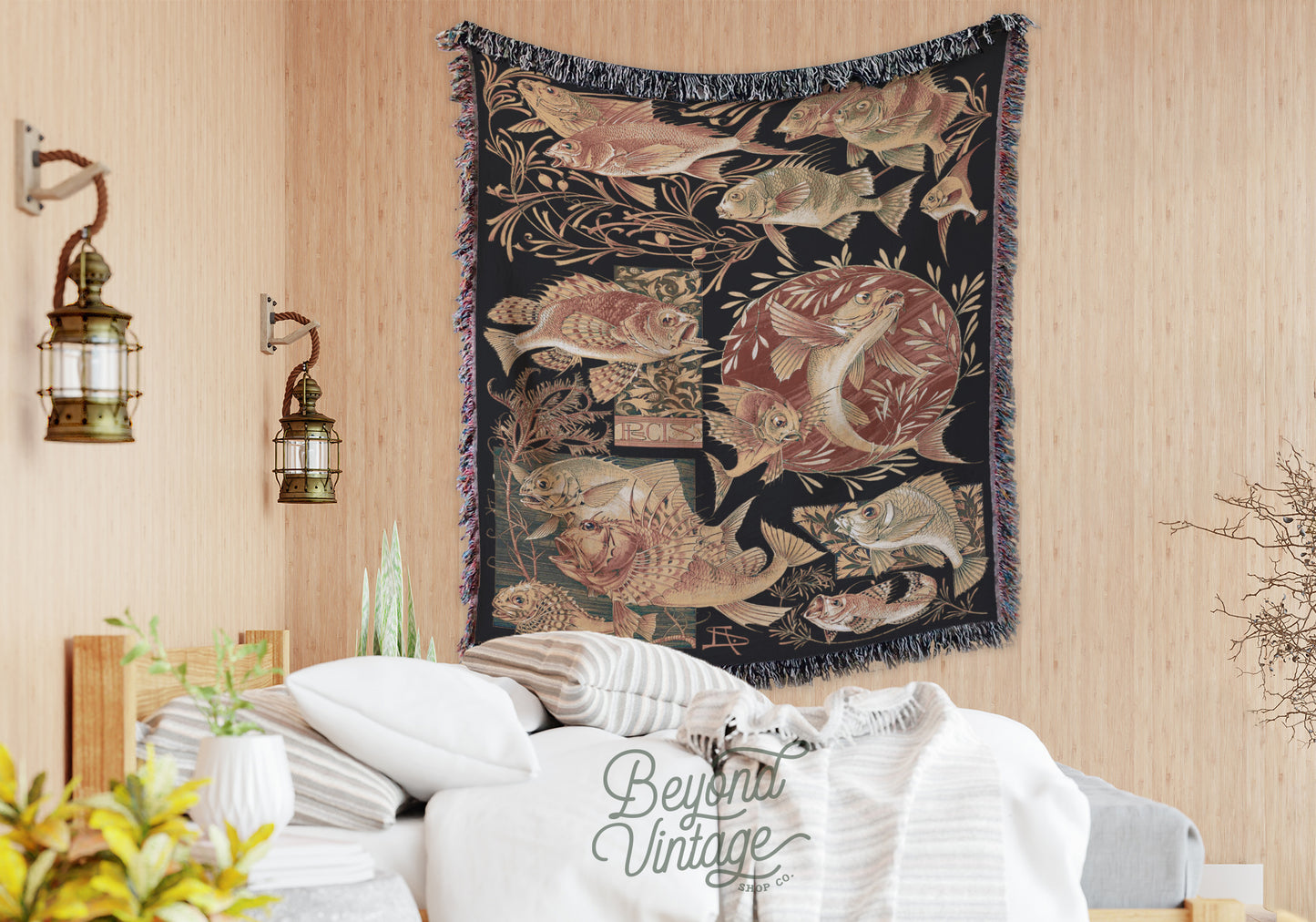 a tapestry hanging on the wall of a bedroom