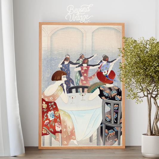 a painting of a group of people dancing around a table