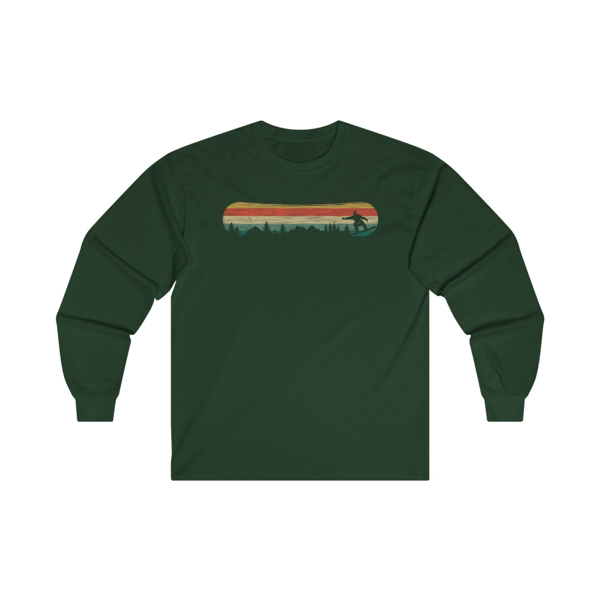 a green long - sleeved shirt with a surfboard on it