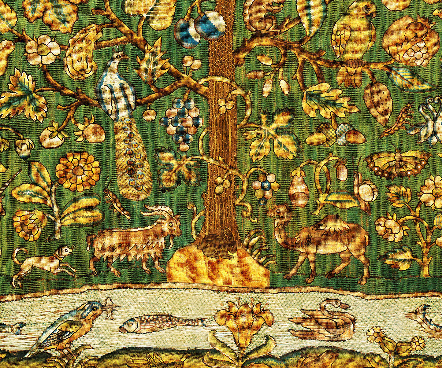 a painting of a tree with animals and birds on it