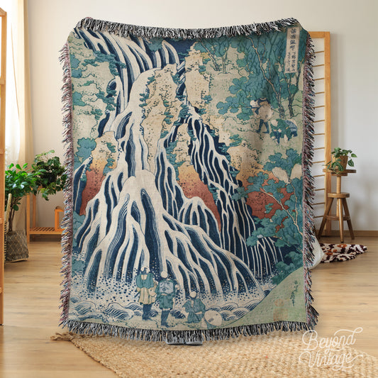 a tapestry of a waterfall in a forest