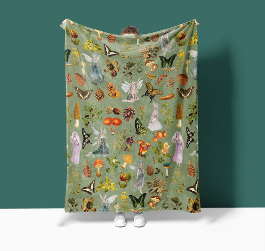 Forest Fairies, Butterflies & Mushrooms Sage Green Blanket