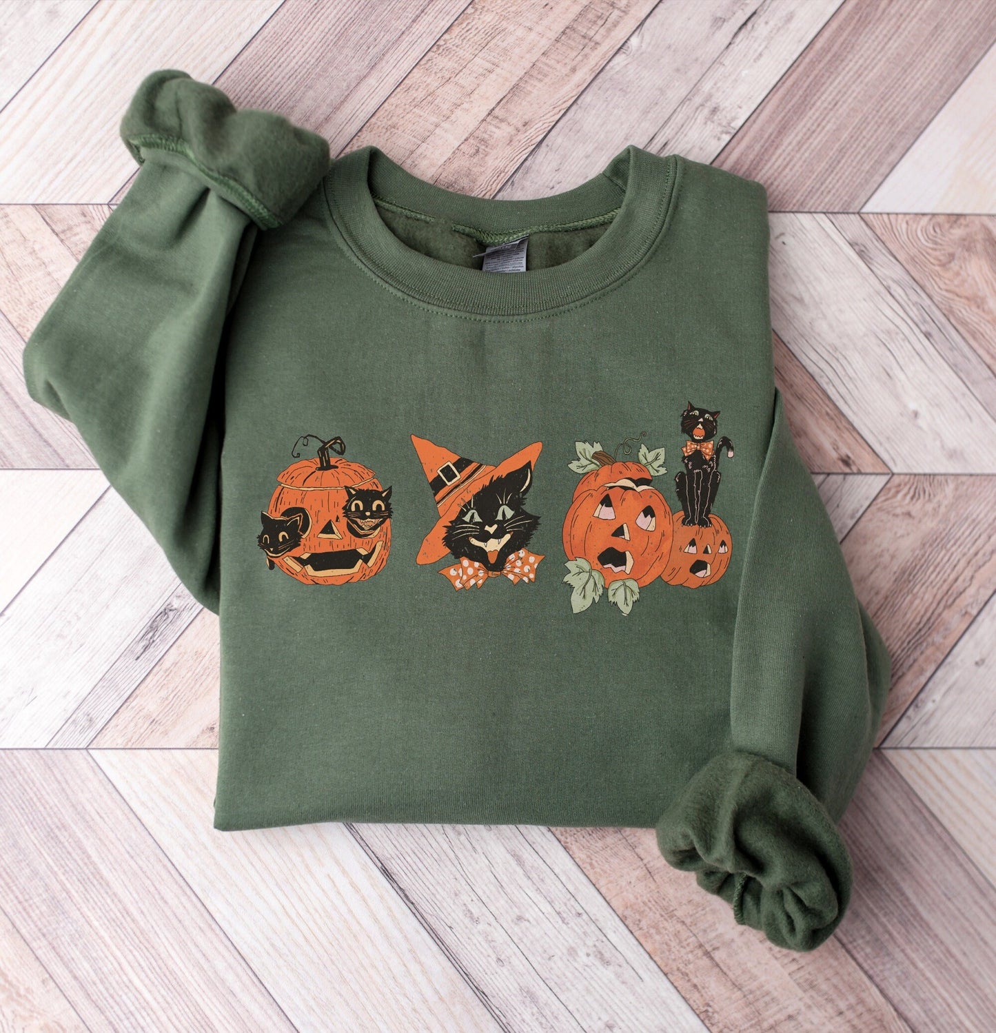 Vintage Retro Cat & Pumpkins Halloween Crewneck Sweatshirt