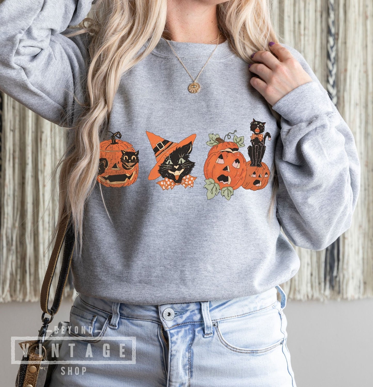 Vintage Retro Cat & Pumpkins Halloween Crewneck Sweatshirt