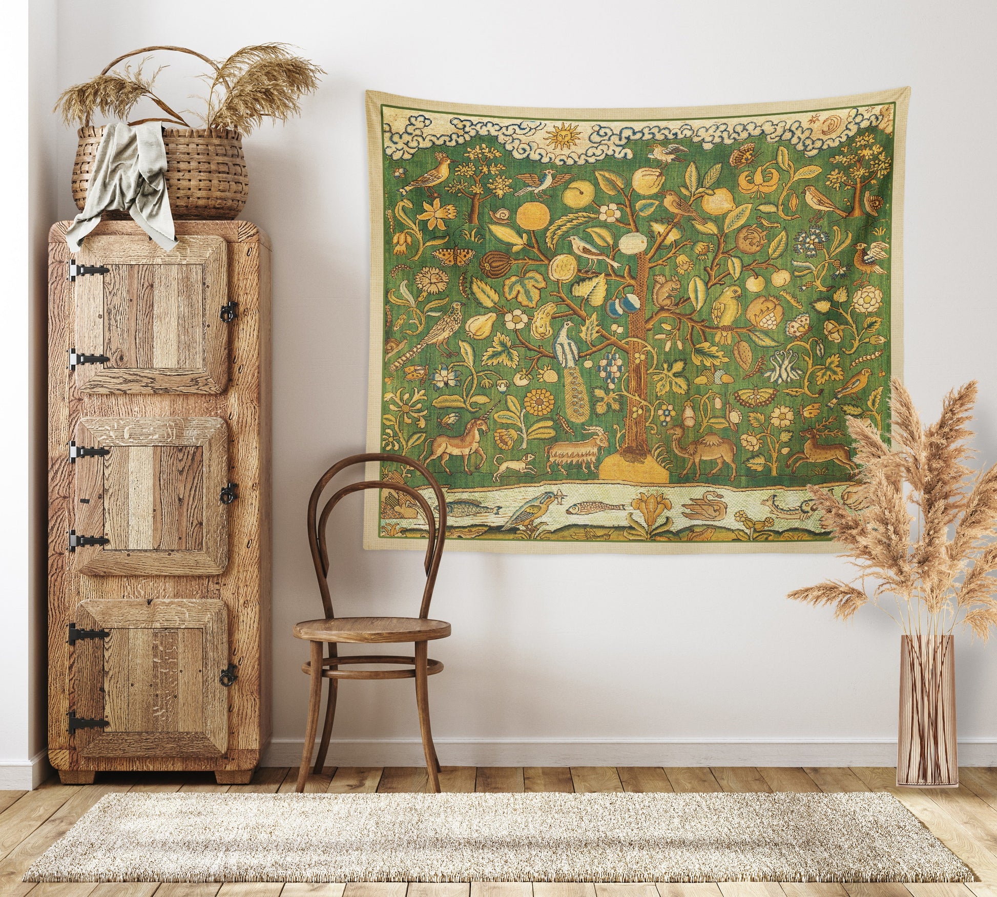 a room with a chair and a tapestry on the wall