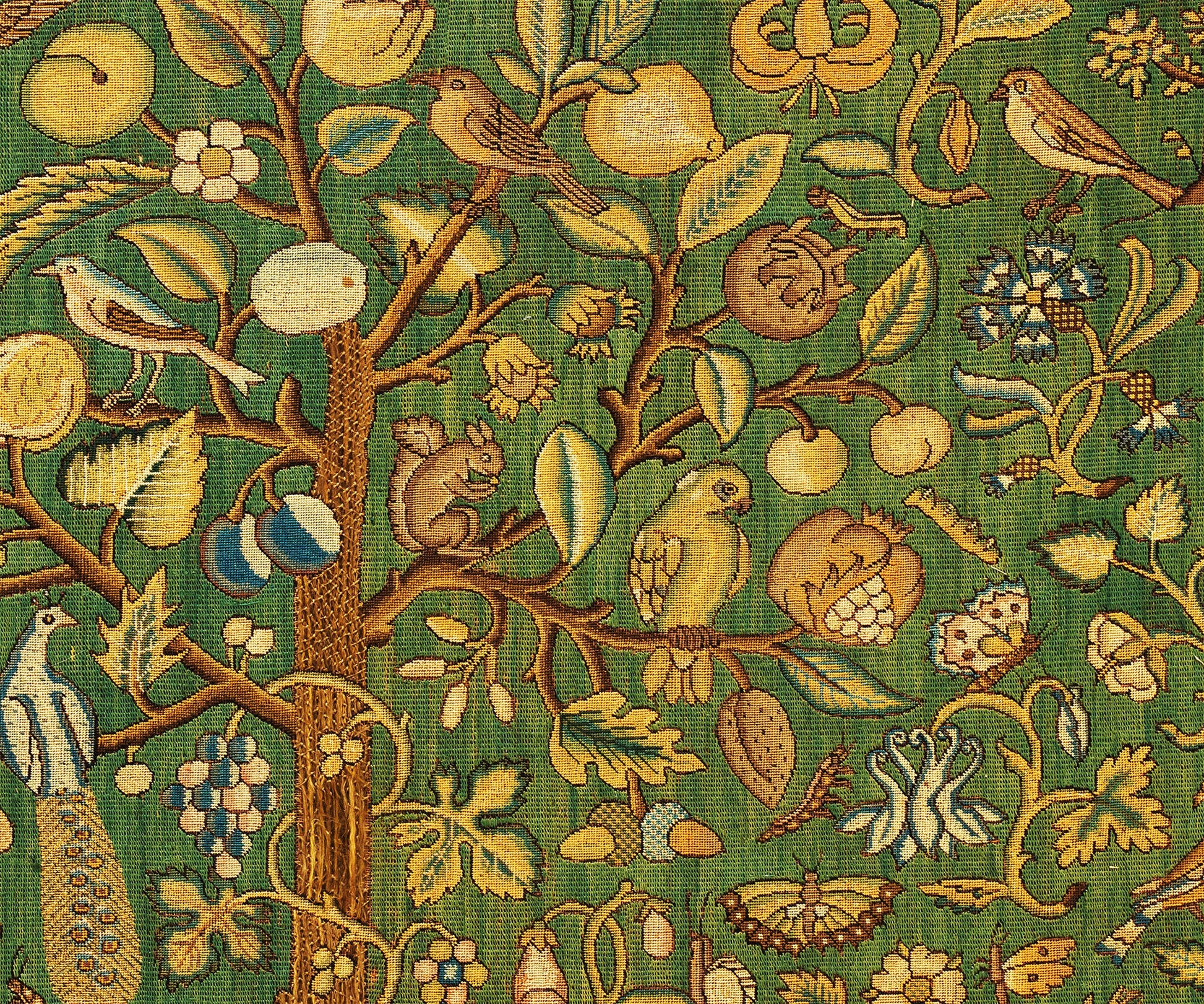 a painting of a tree with birds and flowers