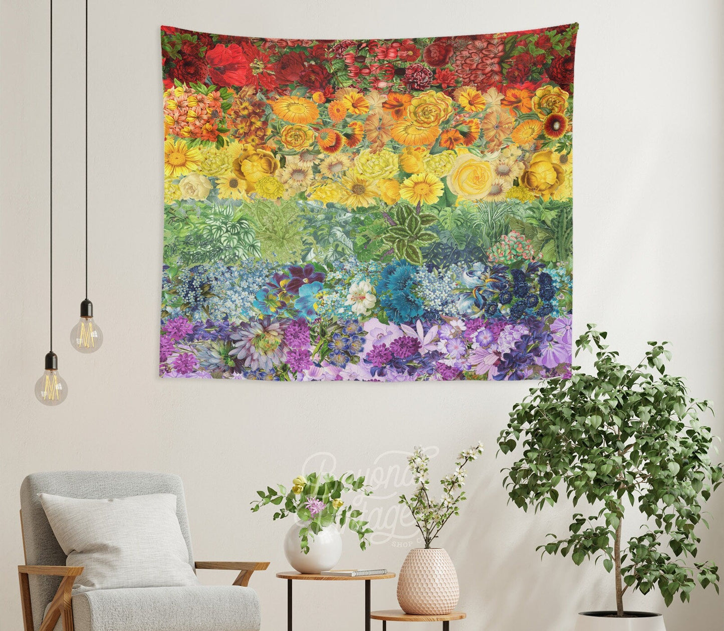 a room with a chair and a tapestry hanging on the wall