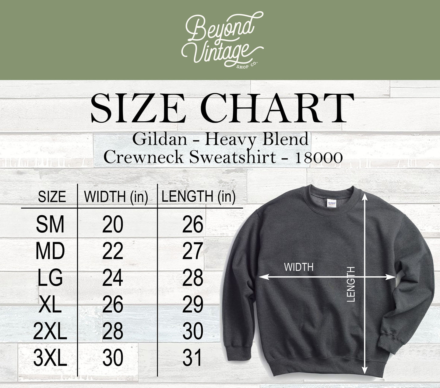 the size chart for a crew neck sweatshirt