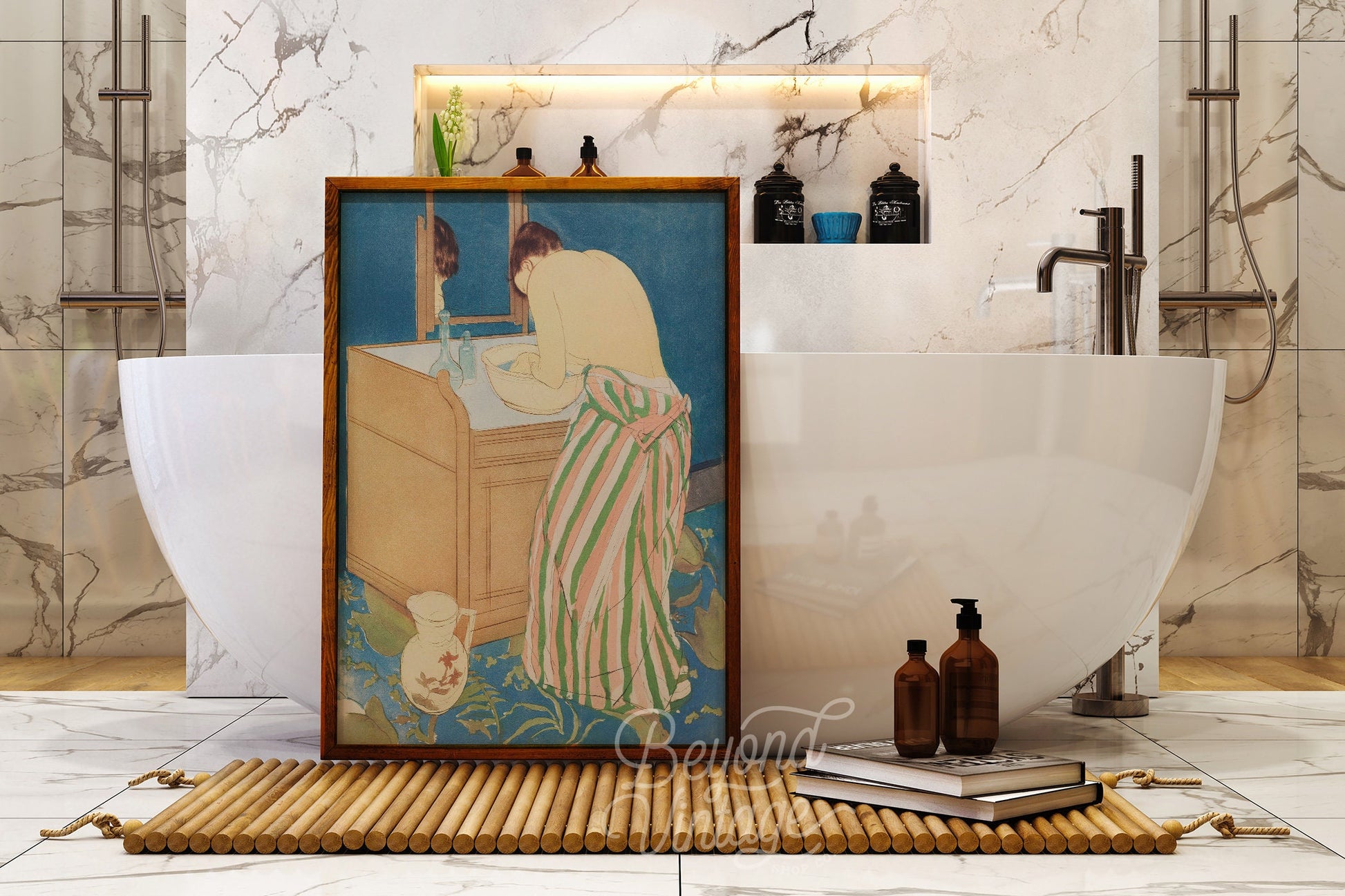 a picture of a woman in a bath room