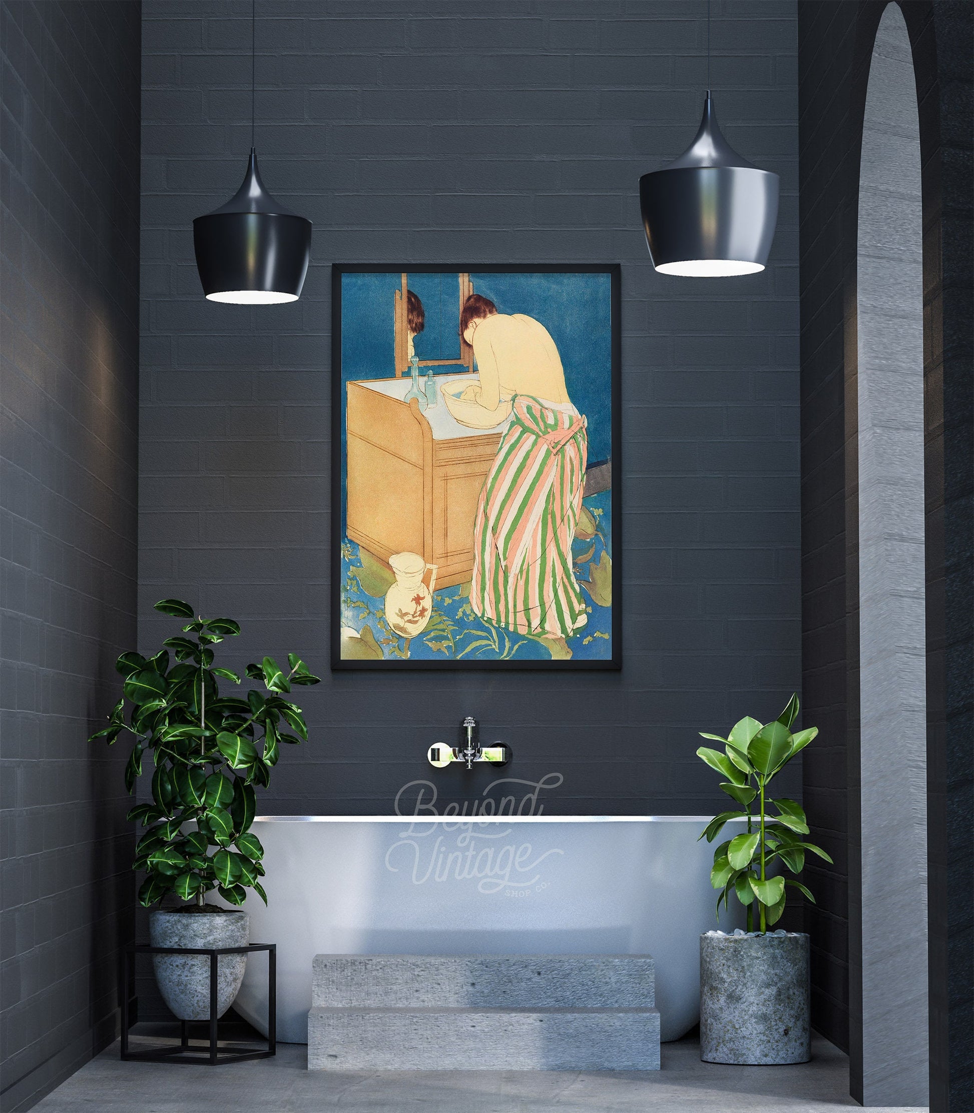 a bathroom with a sink and a painting on the wall