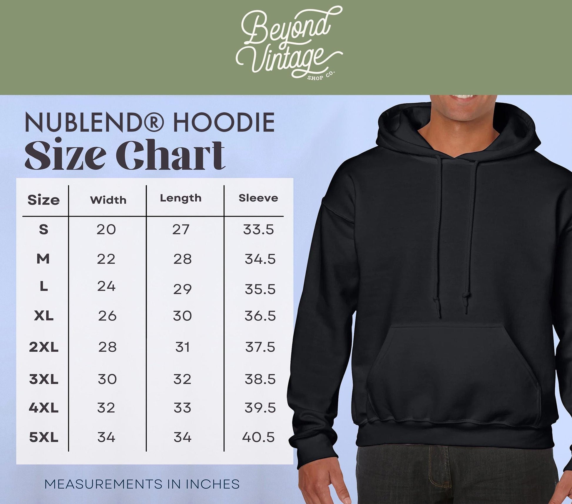 a man wearing a black hoodie size chart