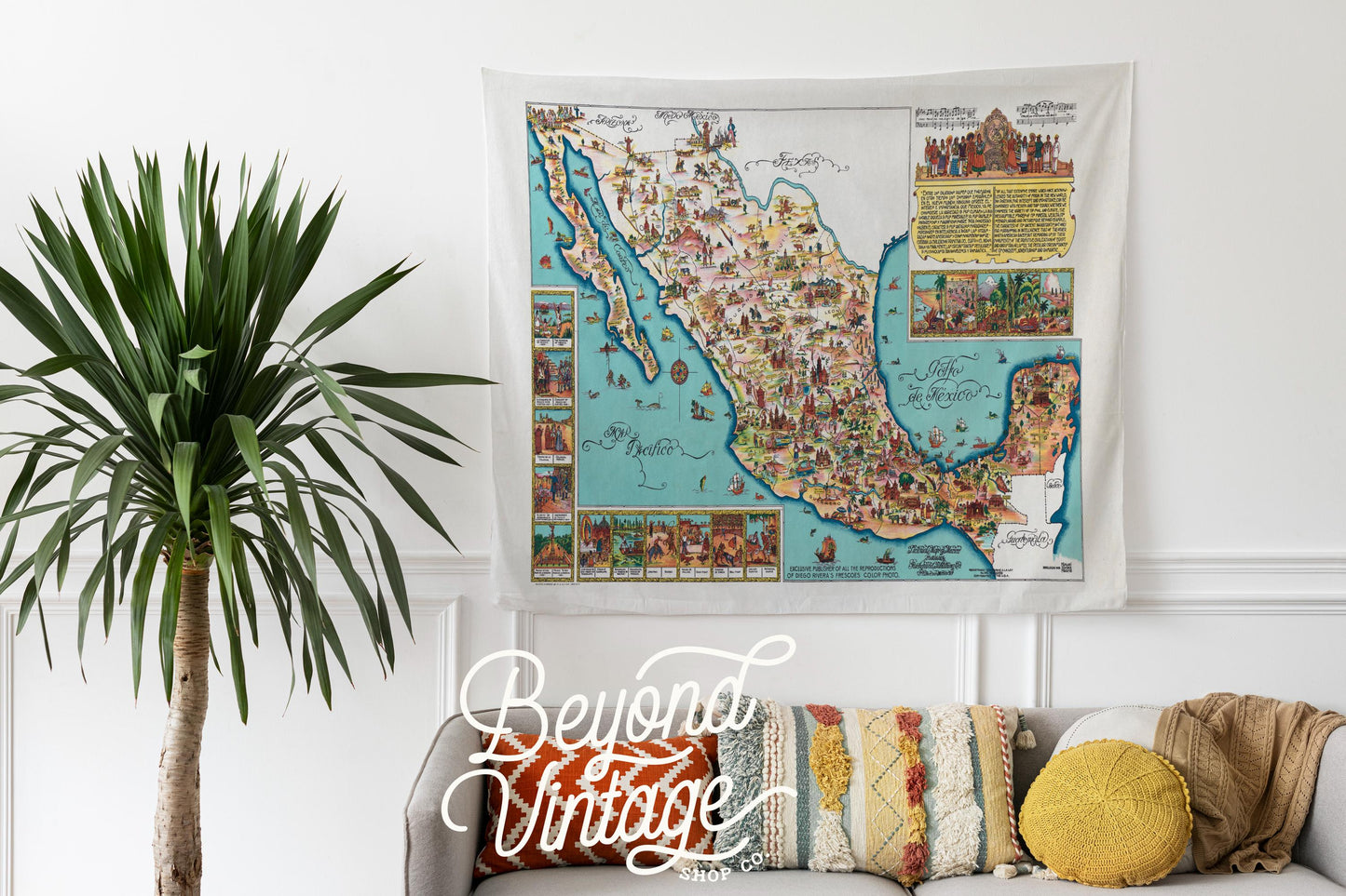 Vintage Mexico Map Tapestry Wall Hanging