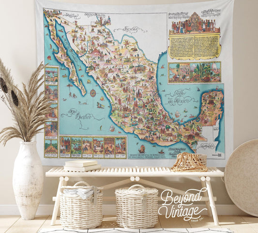 Vintage Mexico Map Tapestry Wall Hanging