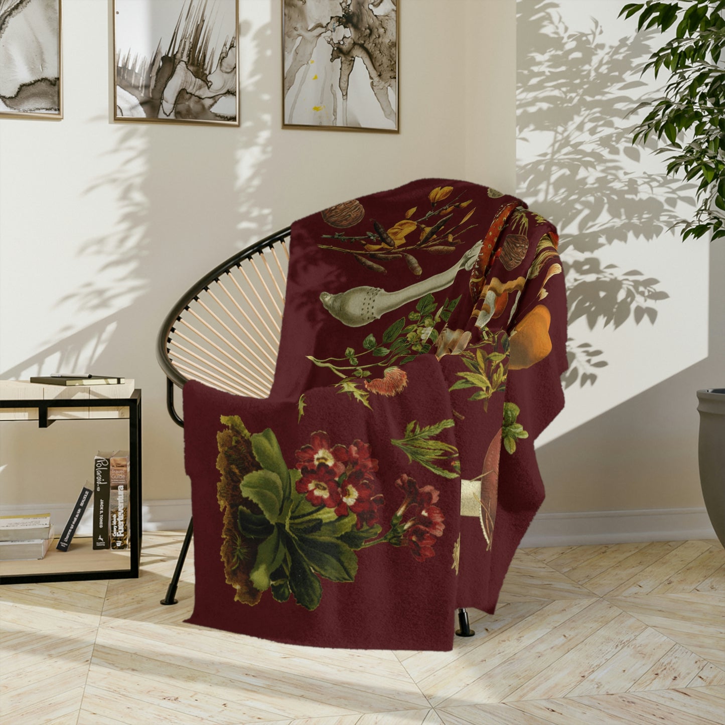 Dark Red Vintage Mushroom Velveteen Blanket