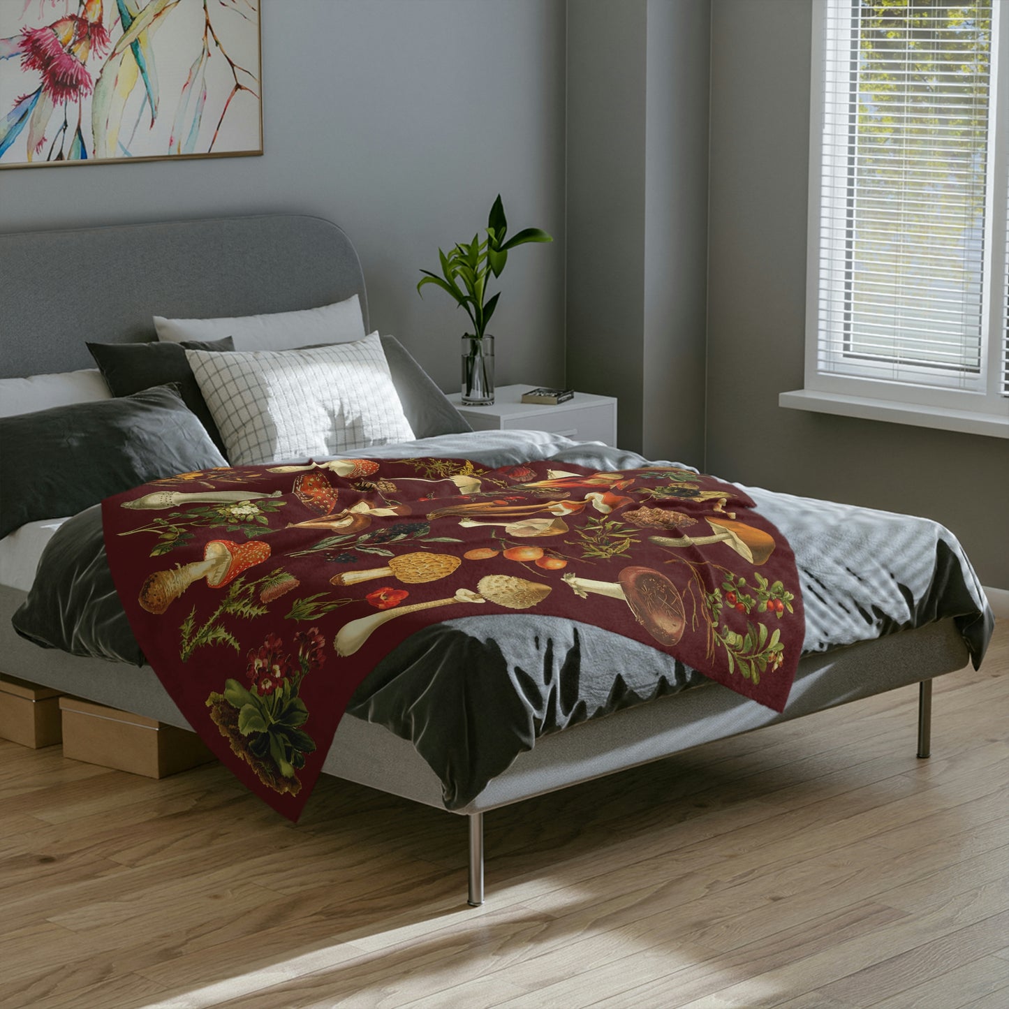 Dark Red Vintage Mushroom Velveteen Blanket