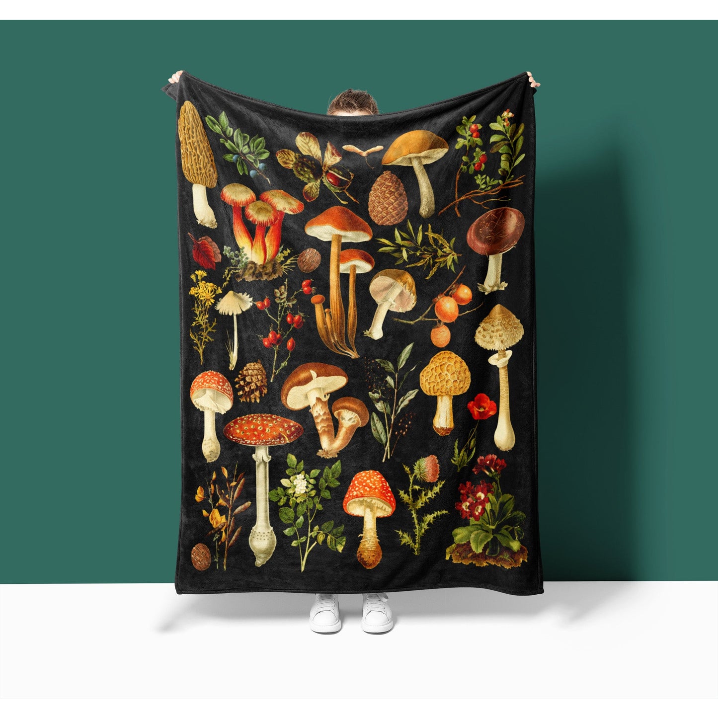 Black Vintage Mushroom Velveteen Blanket