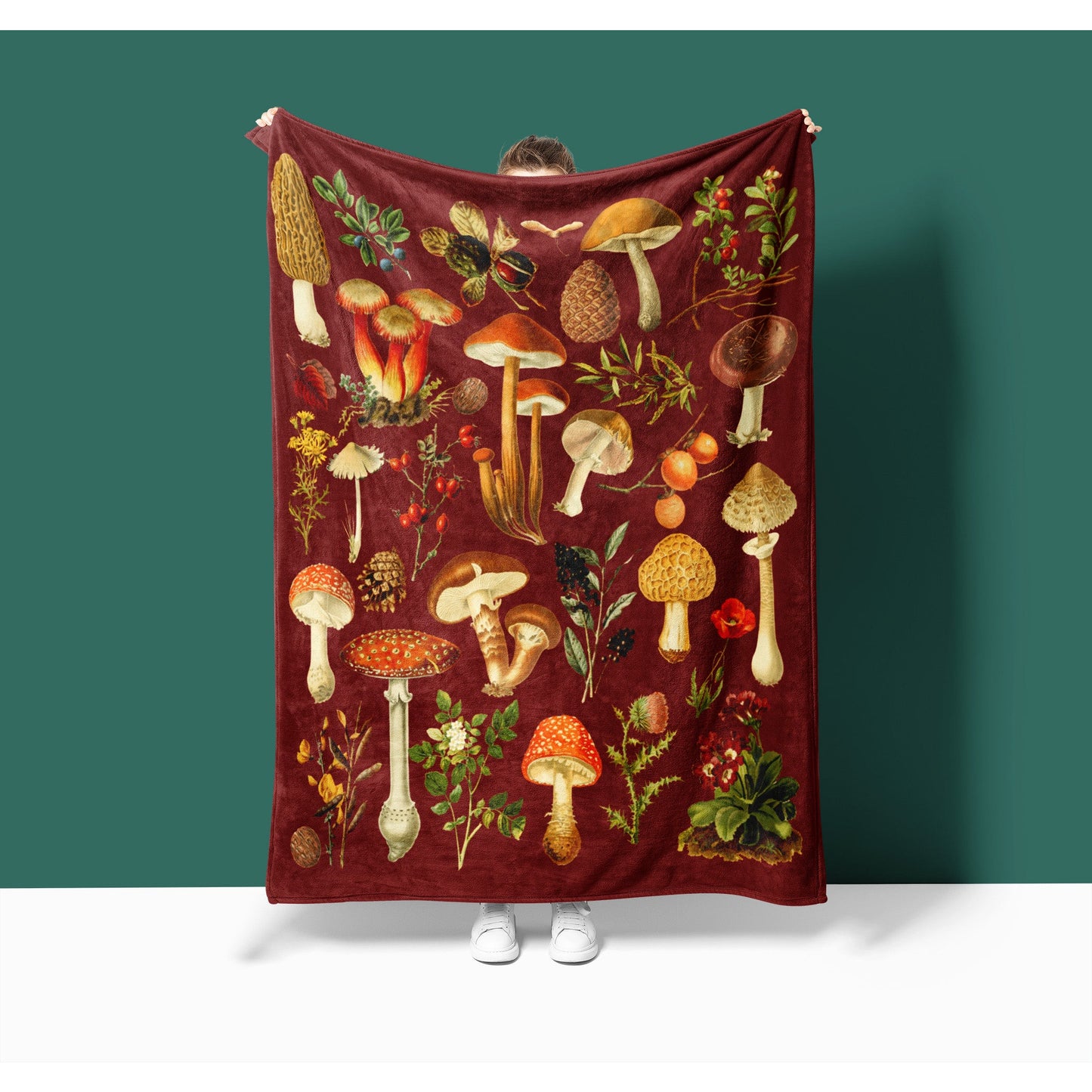 Dark Red Vintage Mushroom Velveteen Blanket