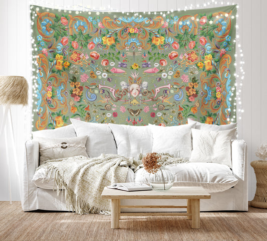 a living room with a large tapestry on the wall