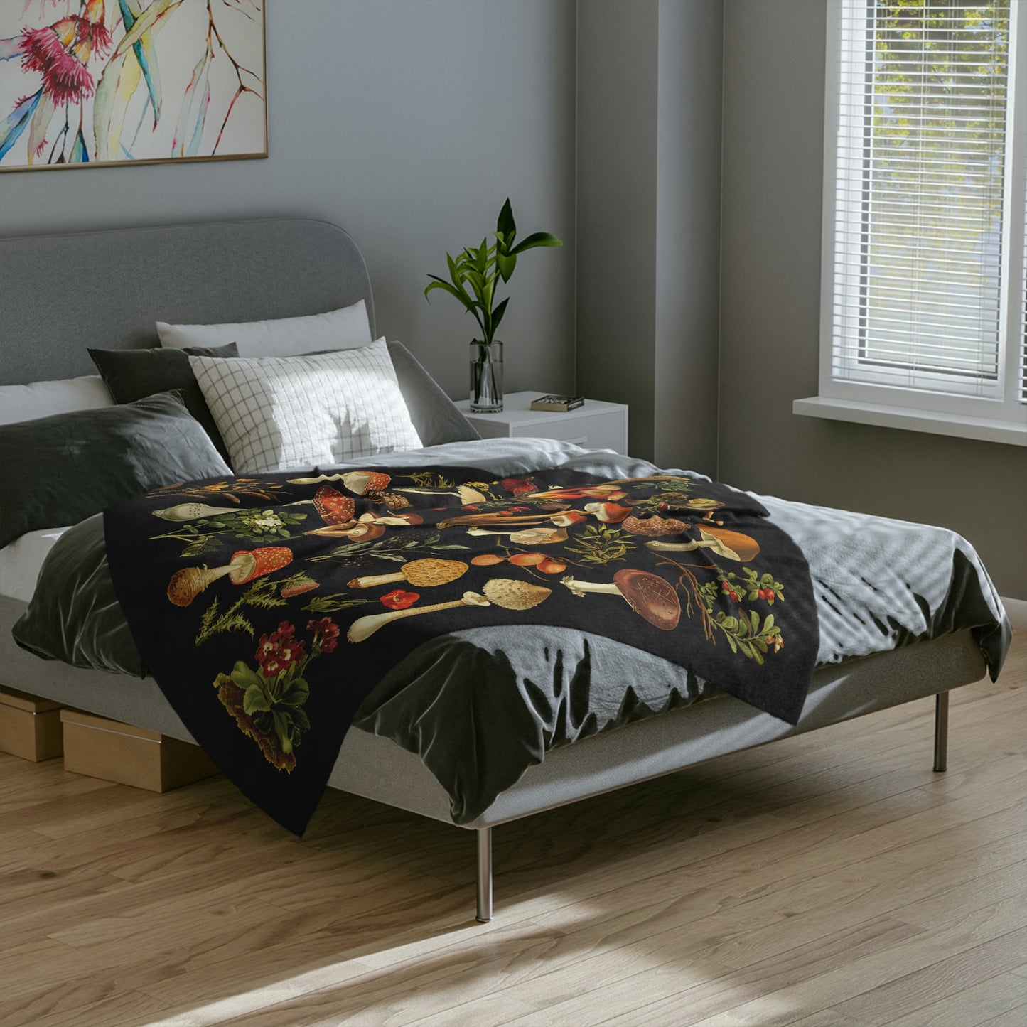 Black Vintage Mushroom Velveteen Blanket