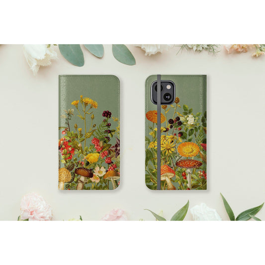Vegan Leather Sage Green Fall Flowers Phone Wallet Case